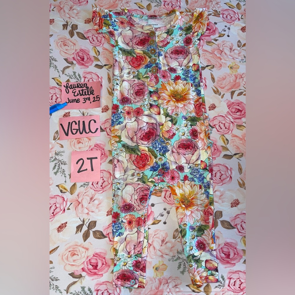 2T girls Posh Peanut HTF “Shirley” floral short sleeve bamboo pant romper